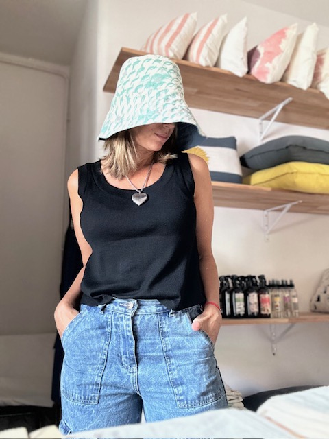 Sombrero ala ancha- Verde agua con plata (reversible azul)